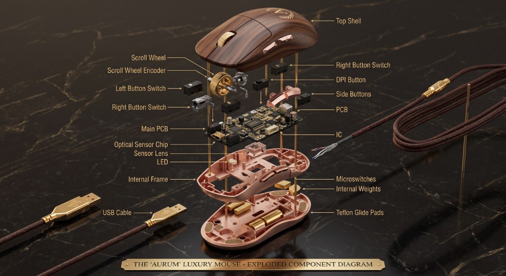 The AURUM Luxury Mouse Exploded Component Diagram